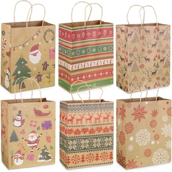Sada 12 kusů vánočních dárkových tašek, 6 stylů, kraftový papír, 27 × 21 × 11 cm