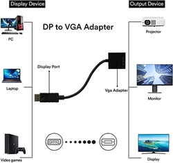 Adaptér DP na VGA, pozlacený převodník DisplayPort na VGA samec na samice 1080P (černý)