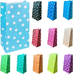 Papírové sáčky s puntíky, mix barev, skládané dno, 13 × 8 × 24 cm, 24 kusů, 12 barev po 2 ks. 