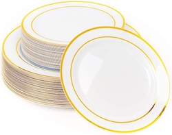 MATANA 60 bílých plastových talířů se zlatým okrajem