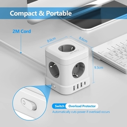 JSVER - Zásuvková kostka s USB nabíječkou a přepěťovou ochranou a vypínačem