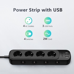 JSVER - Prodlužovací kabel 2m, 4x zásuvka, nabíječka 3x USB "A", přepěťová ochrana, 4x vypínač