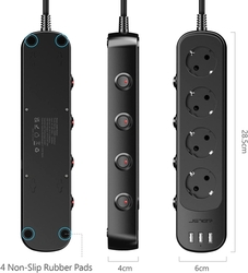 JSVER - Prodlužovací kabel 2m, 4x zásuvka, nabíječka 3x USB "A", přepěťová ochrana, 4x vypínač