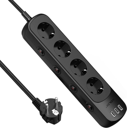 JSVER - Prodlužovací kabel 2m, 4x zásuvka, nabíječka 3x USB "A", přepěťová ochrana, 4x vypínač