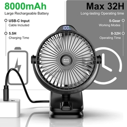 Ventilátor Minthouz s klipem, s baterií 8000mAh, dobíjecí USB-C - černý