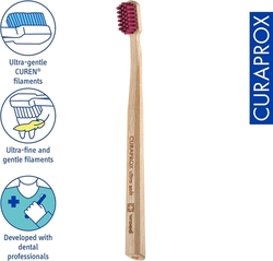 Curaprox Wood Ultra Soft - zubní kartáček, barva štětin: bordó-červená