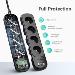 JSVER - Prodlužovací kabel 2m, 4x zásuvka, nabíječka 3x USB "A", přepěťová ochrana, 4x vypínač