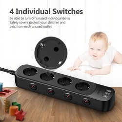 JSVER - Prodlužovací kabel 2m, 4x zásuvka, nabíječka 3x USB "A", přepěťová ochrana, 4x vypínač