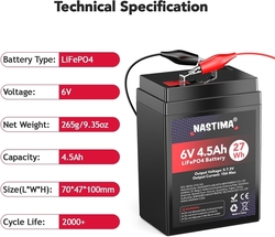 NASTIMA - Dobíjecí baterie 6 V 4,5 Ah LiFePO4 s BMS - ochranou