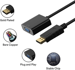 Adaptér DP na VGA, pozlacený převodník DisplayPort na VGA samec na samice 1080P (černý)