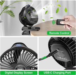 Ventilátor Minthouz s klipem, s baterií 8000mAh, dobíjecí USB-C - černý