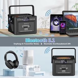 Greadio - přenosný CD přehrávač, Boombox kazetový přehrávač s FM rádiem, Bluetooth 5.1
