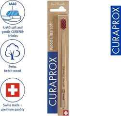Curaprox Wood Ultra Soft - zubní kartáček, barva štětin: bordó-červená