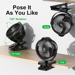 Ventilátor Minthouz s klipem, s baterií 8000mAh, dobíjecí USB-C - černý