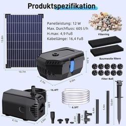 Solární jezírkové čerpadlo Biling 12 W, 605 l/h s filtrem