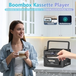 Greadio - přenosný CD přehrávač, Boombox kazetový přehrávač s FM rádiem, Bluetooth 5.1