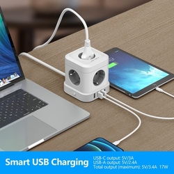 JSVER - Zásuvková kostka s USB nabíječkou a přepěťovou ochranou a vypínačem